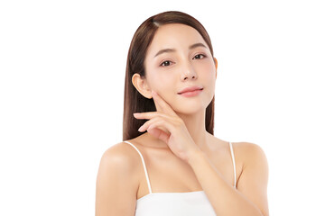 beautiful young asian woman with clean fresh skin on white background, face care, facial treatment, 