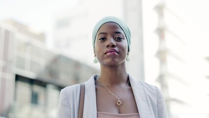 Poster - Travel, business and serious with black woman in city for professional, confident and corporate. Relax, urban and young with portrait of muslim girl in town for morning, positive and empowerment