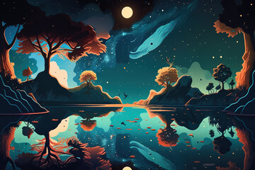 Wall Mural - The galaxy, the milky way, the universe, stars, and planets are all reflected in an abstract nighttime dream environment with a starry sky, a natural pool of water, and a lake. illustration