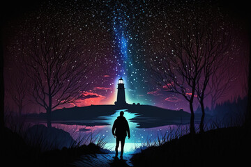 Wall Mural - Silhouette of a man with head flashlight shining towards the Milky way in a dutch landscape. Generative AI