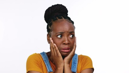 Poster - Scared, shock and confused with face of black woman for announcement, gossip and news. Fear, secret and surprise with portrait of girl and omg expression for frightened, notification or wow in studio