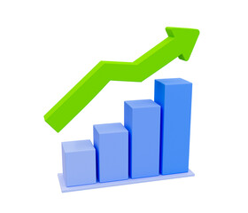 3d minimal data analysis icon. soaring finances. stock up. Strengthening currency. A bar graph with an arrow up. 3d illustration.