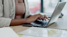 Hands, Typing And Laptop For Proposal, Planning And Writing In Modern Office For Black Woman Leader. Executive, Computer And Search For Project, Development Or Research At Desk In Corporate Workplace