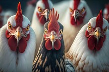 Close-up Of A Flock Of Curious Chicken Staring At The Camera