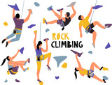 Rock climbing. Vector hand-drawn set with rock climbers at the climbing wall. Flat modern style. Isolated on white background.