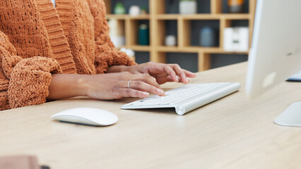 Sticker - Closeup of woman hands typing on a keyboard while sitting at a desk and sending an email in a modern office. Journalist doing online research for an article. Freelance employee working remotely