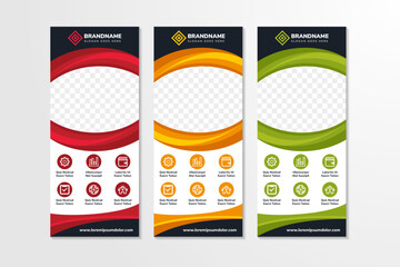 Wall Mural - collection roll up banner stand template design. multicolor red, green and yellow colors selected. vertical layout with space for photo. infographic icon for information business.