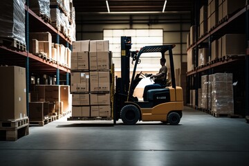 a forklift performing tasks of stacking and distribution of boxes and merchandise in an industrial warehouse