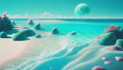 Wall Mural - Fantasy beach coast landscape with planet background. Generative AI technology.	
