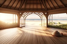 Clean And Calm Yoga Studio With Beautiful Nature View. Interior Design. Generative AI
