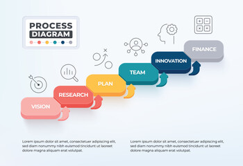 Wall Mural - Process diagram infographic with 6 business icon. Step up to goal concept.