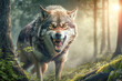 Dangerous wolf grins and roars in the woods near hiking trail. AI generative