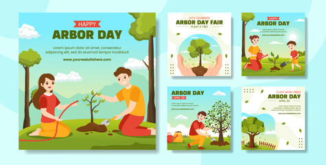 Wall Mural - Happy Arbor Day Social Media Post Flat Cartoon Hand Drawn Templates Background Illustration