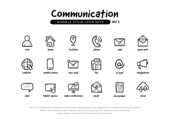 doodle hand drawing communication icon set pack including mobile phone, phone, tablet, newspaper, email, website, cloud, megaphone and more