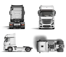 White Truck Set Mockup With Black Inserts With Carrying Capacity Of Up To Five Tons Front View 3d Render On White