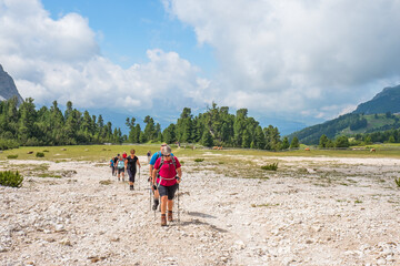 Canvas Print - People walking on a mountain plateau on a sunny day in the Alps