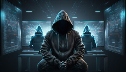 Hooded hacker in front of computer screen with binary code Generative AI