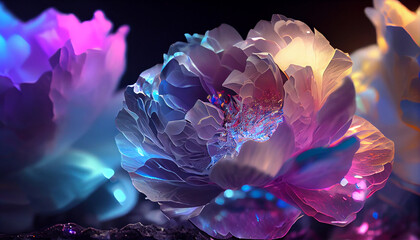 Wall Mural - Close up 3d colorful peony crystal flower, beautiful glitter iridescent light . wallpaper background.