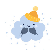 Poster - Cute Fluffy Cloud Wearing Warm Hat and Mittens Smiling Enjoying Winter Vector Illustration