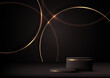 3D realistic black and gold podium with golden geometric circles elements and lighting effect on dark background luxury style