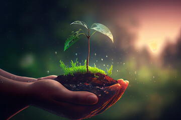 Two hands holding together a green young plant over the green grass. Generative Ai