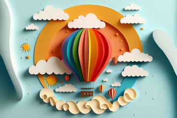 Wall Mural - Creative paper art of sun, clouds and rainbow colored hot air balloons. Spring scenery, summer nature poster. Generative ai.