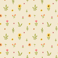 Vector Color Hand-drawn Children Cute Easter Seamless Pattern With Hens, Bunny, Easter Eggs, Flowers In Scandinavian Style. Easter Colorful Set. Doodle Cartoon Spring Background. Happy Easter.