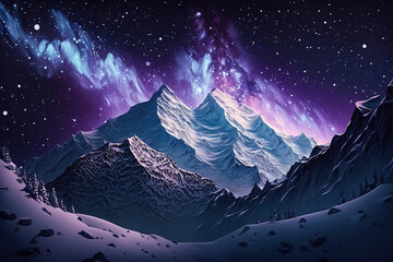Wall Mural - Milky Way above snowy mountains. Space. Fantastic view with snow covered rocks and starry sky at night. Mountain ridge and sky with stars in Himalayas. Landscape with purple milky way. 