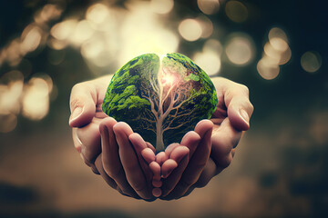 World mental health day concept: Human hands holding brain of earth over blurred nature background. Generative Ai