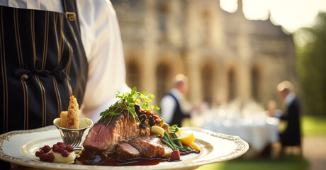 Luxury food service, main course served by a waiter at a wedding celebration or formal event in classic English style at luxurious hotel or country estate. Generative AI.