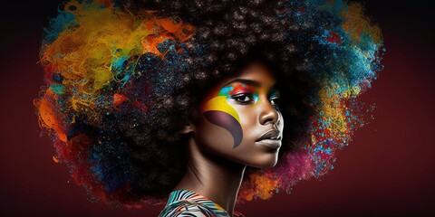 Junges hübsches afroamerikanisches Top Model mit buntem Make-Up im Porträt Nahaufnahme, ai generativ