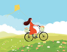 Happy Young Woman Riding Bike With Kite Going Outing In Spring. Spring Equinox Concept Art. Spring Landscape With Grassland And Flower Meadow. Blue Sky And White Clouds.  Flat Vector Illustration. 