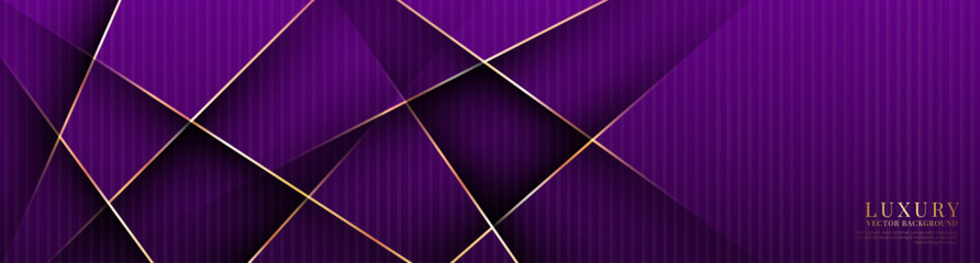 3D purple luxury abstract background overlap layers on dark space with golden lines decoration. Graphic design element cutout style concept for banner, flyer, card, brochure cover, or landing page