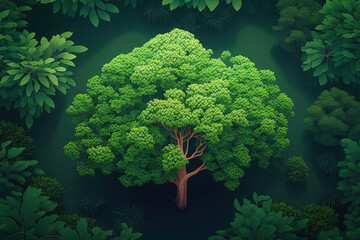 aerial image of a tree in a forest Concept and background of the rainforest ecology and a healthy environment, View of a verdant woodland from above, with copy for a website banner. Generative AI