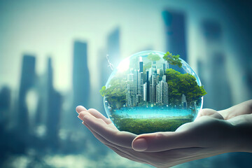 Wall Mural - World environment day concept: Human handing big city blurred blue nature background. Generative Ai