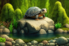 Cute 3d Cartoon Turtle Sitting On A Rock Next To A Pond, Generative AI