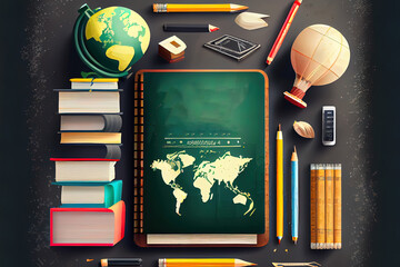 Wall Mural - International education day theme background with black board, pencil, books. Education day background with study elements. Generative Ai