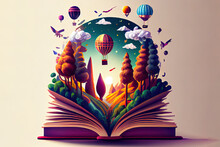 Season Fairy Tale, Storybook, Textbook. Town, Forest, Aerostat, Rocket, Plane, Space, Sky. Vector Illustration. Generative Ai