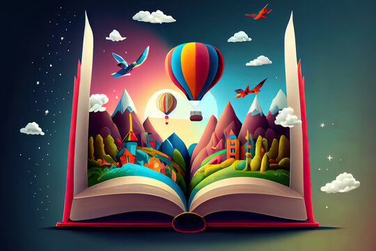 Wonderful Open book, world inside. Imagination, fantasy, magic in literature concept. Generative Ai