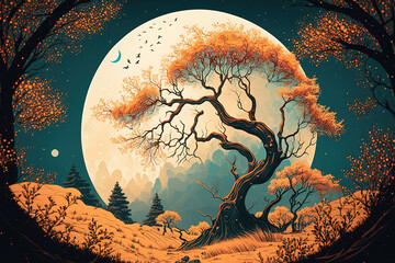Wall Mural - Beautiful autumnal fantasy with a full moon, a maple tree in the fall, and the Milky Way in the background. vintage toned artwork in a retro style. Generative AI
