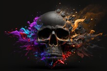 Beautiful Human Skull Splashed And Melted In Colorful Paint. Generative AI