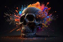 Beautiful Human Skull Splashed And Melted In Colorful Paint. Generative AI