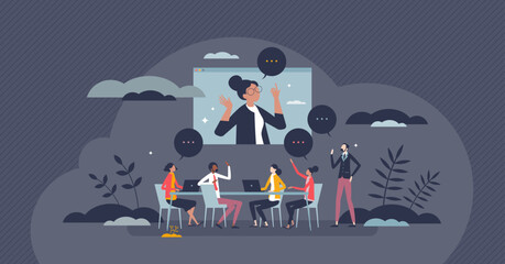Wall Mural - team training and conference with online coaching course tiny person concept. online business semina