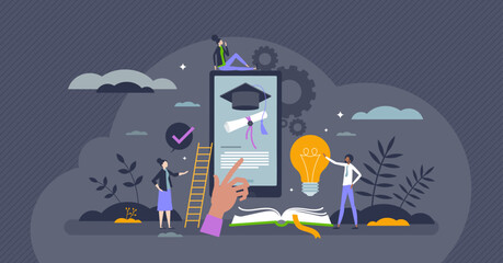 EdTech or educational technology with distant courses tiny person concept. Knowledge learning online using digital teaching lectures vector illustration. Website with academic materials and tools.