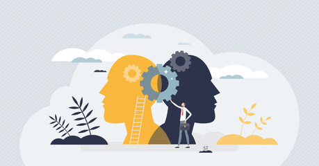 Wall Mural - technology transfer as thinking from people to mechanics tiny person concept. change business model 