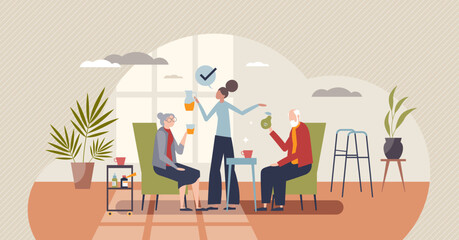 Volunteers companionship to elderly or retirement welfare tiny person concept. Assistance and togetherness partnership for old seniors vector illustration. Be companion for grandparents happiness.