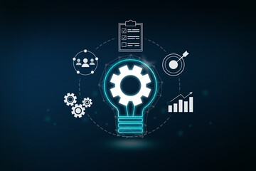 Concept idea of innovation, Cycle of digital business including icon process of work, customers relation, target goal to achieve, checklist and data, analysis of report, statistics on blue background.