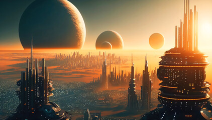 Wall Mural - Futuristic city buildings landscape view. Future Megapolis. Generative ai. 