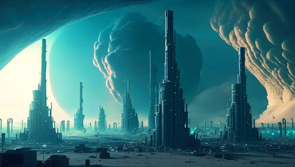 Wall Mural - Futuristic city buildings landscape view. Future Megapolis. Generative ai. 