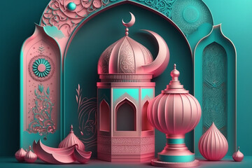 A Hot pink and cyan monotone design featuring a 3D modern Islamic holiday banner with a Ramadan Kareem lantern, metal moon, and mosque portal, Eid Mubarak concept. Generative Ai